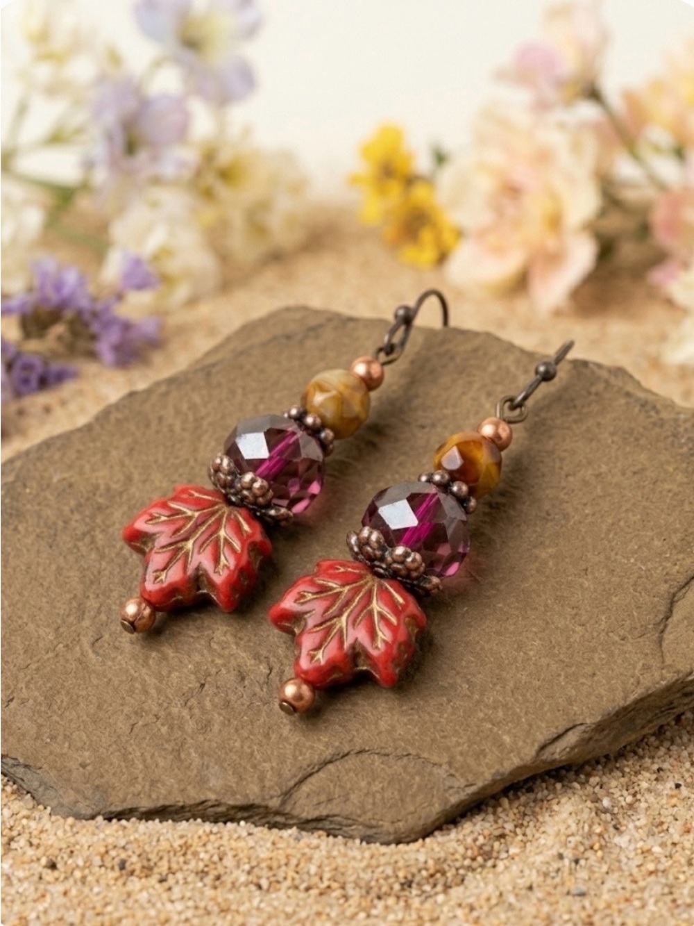 Hand Crafted Passion Leaves Dangle Earrings Crimson & Copper 2” Czech Glass NWT - Picture 8 of 13
